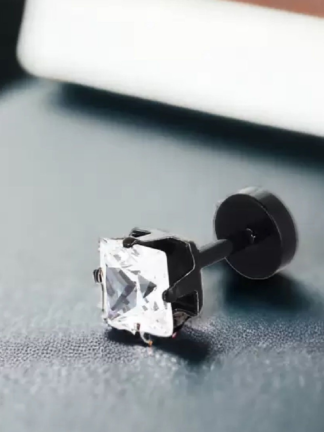 

RUHI COLLECTION Rhodium-Plated Stainless Steel Cubic Zirconia Square Studs, Black