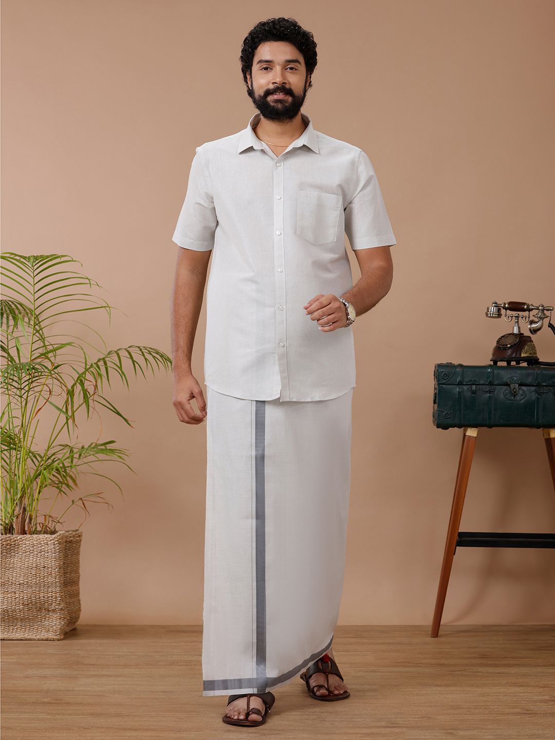 

Ramraj Men Cotton Blend Dhoti & Half Sleeves Shirt Set, Grey