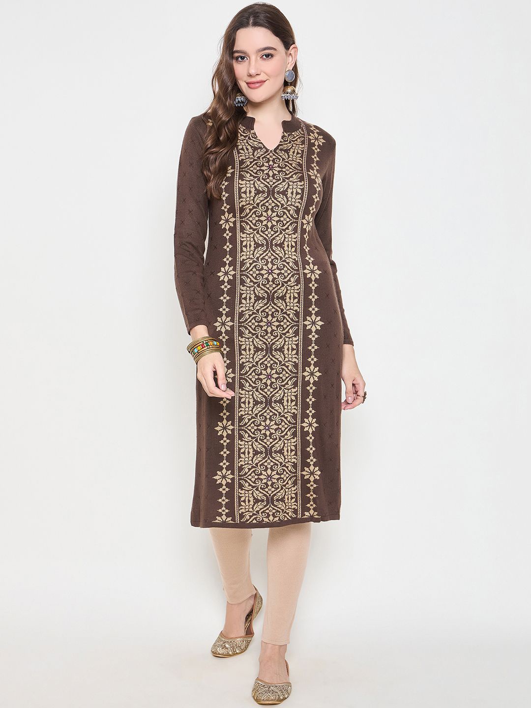 

Zigo Floral Woven Design Mandarin Collar Woollen Straight Kurta, Coffee brown