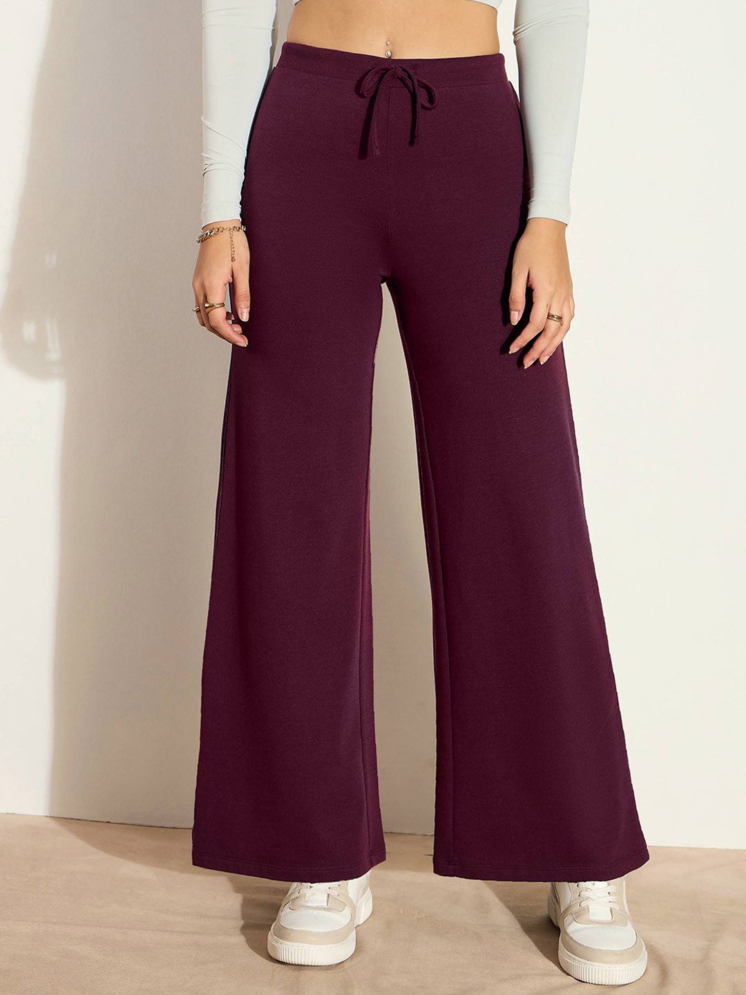 

SASSAFRAS Women Wide Leg Solid Cotton Track Pants, Burgundy