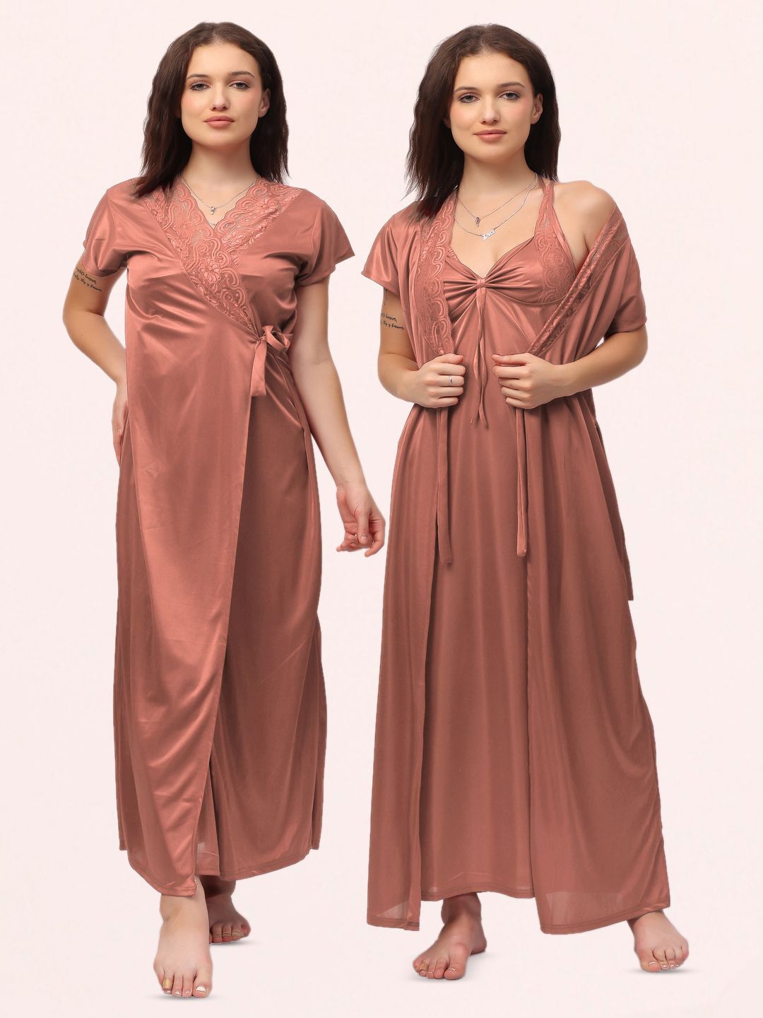 

NIGHT KEYS Women Set Of 6 Piece Solid Satin Maxi Nightdress With Robe, Orange