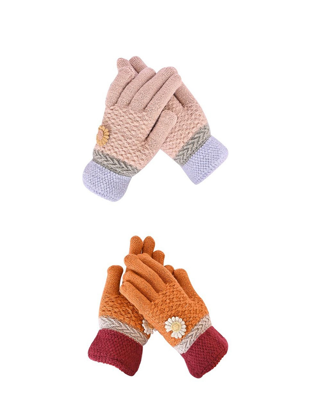 

LOOM LEGACY Women Winter Wollen Pack Of 2 Pairs Patterned Acrylic Touchscreen Gloves, Orange