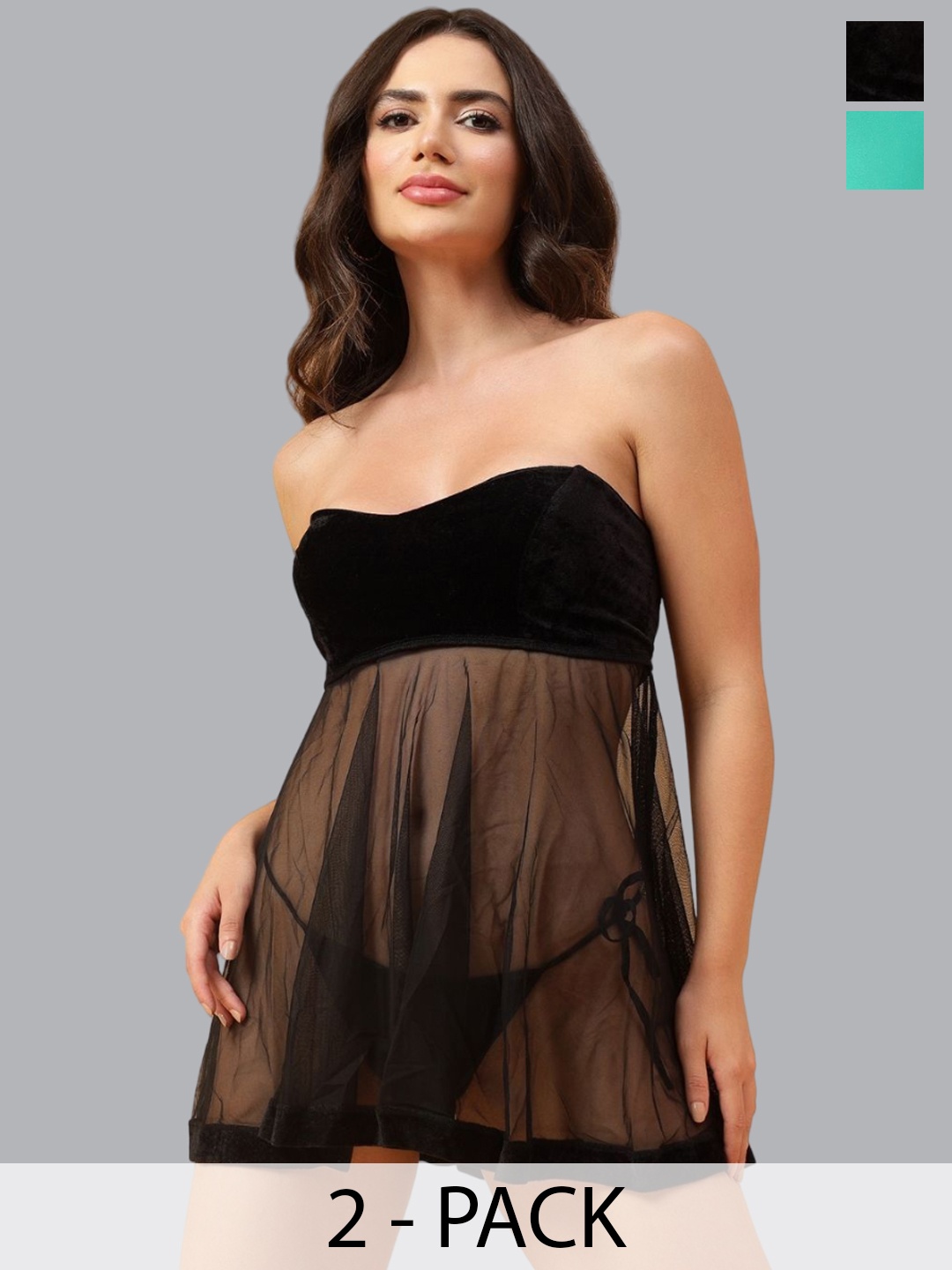 

Velvi FIGURE Women Pack Of 2 Strapless Baby Doll, Black