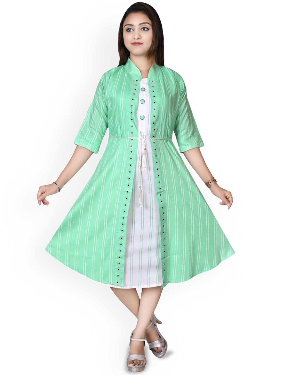 

BAESD Girls Cotton Flared Midi Ethnic Dresses, Green