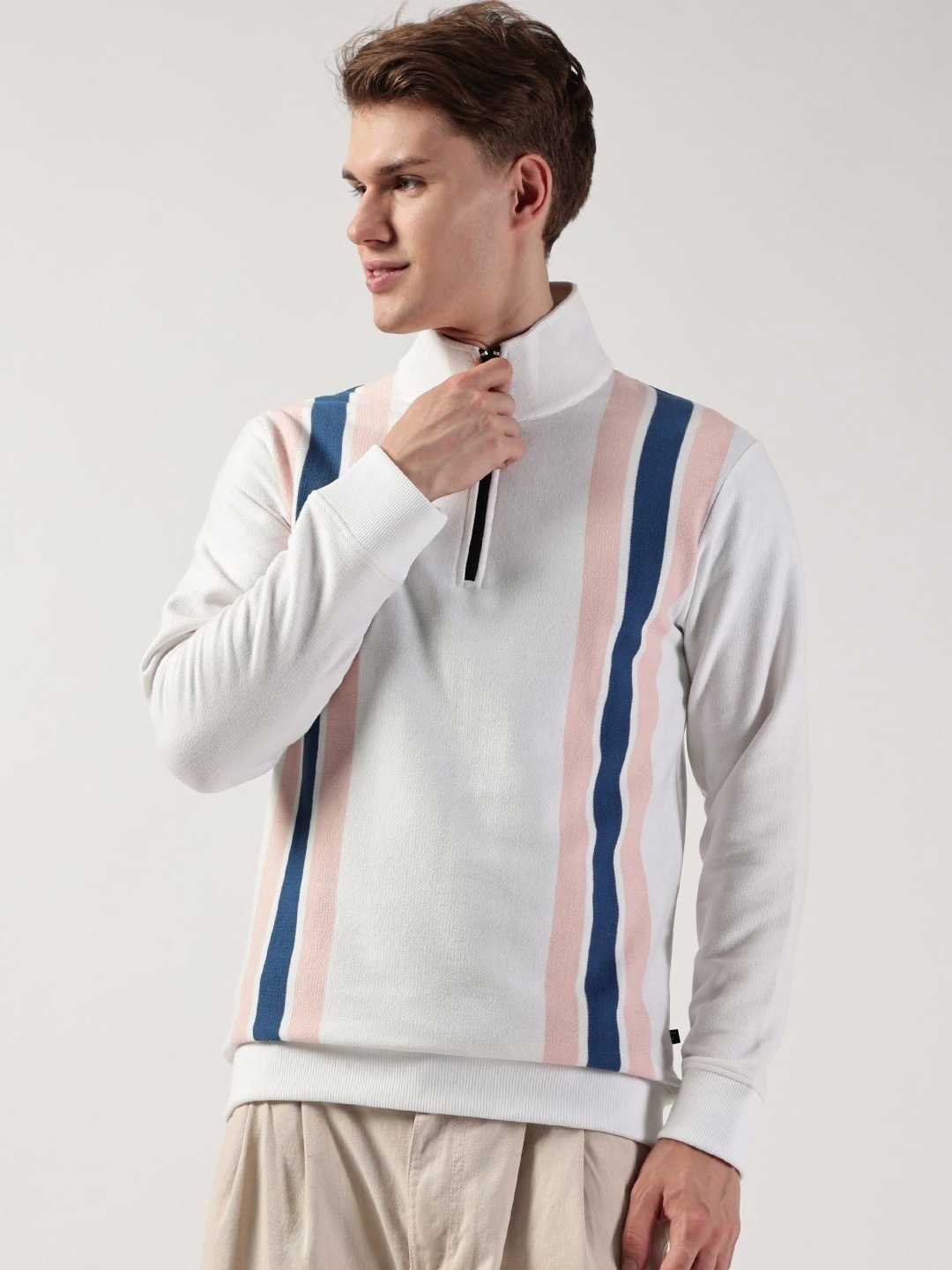 

Thomas Scott Men Striped High Neck Sweatshirt, White