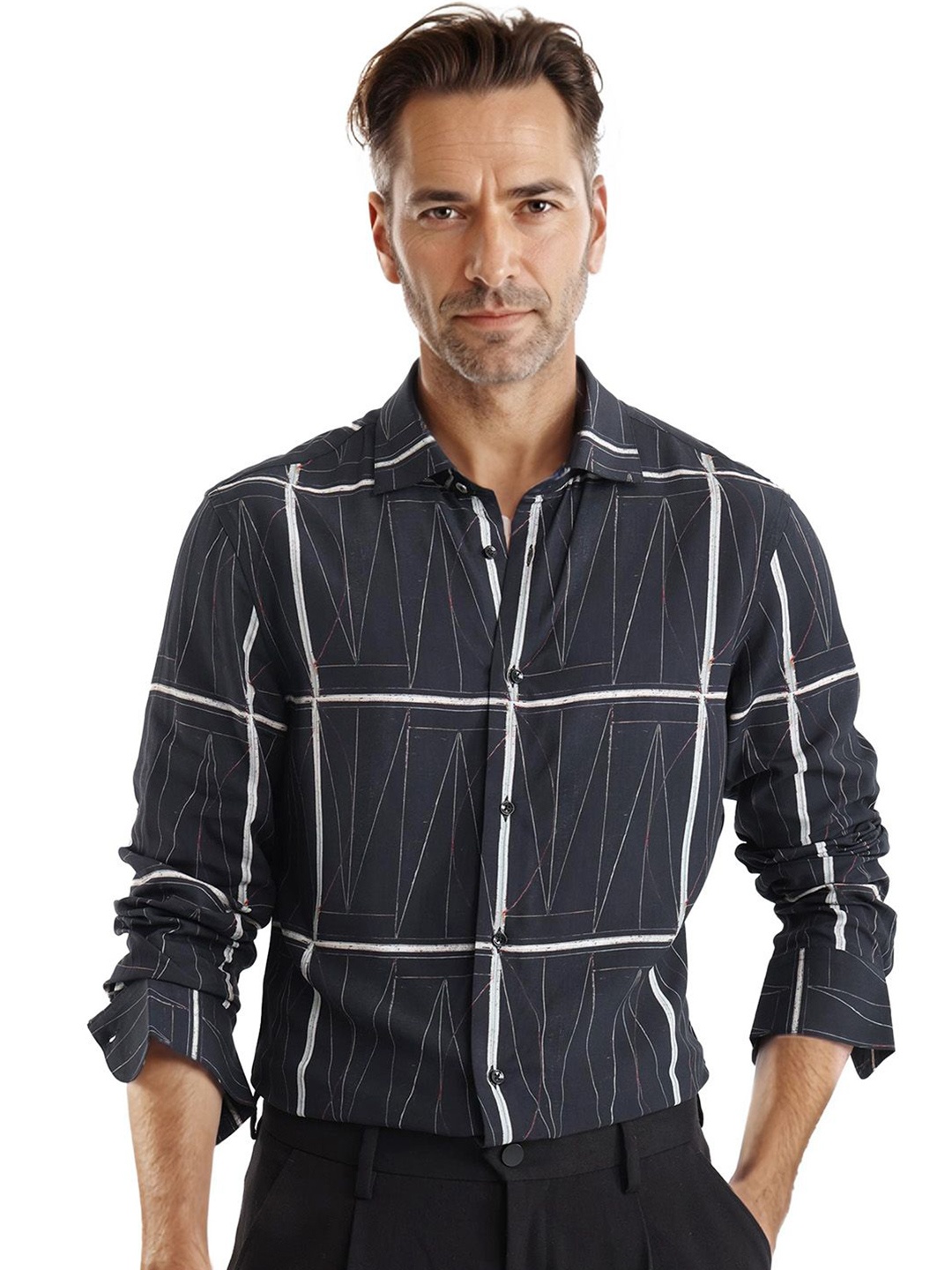 

RARE RABBIT Men Comfort Spread Collar Checked Casual Shirt, Black