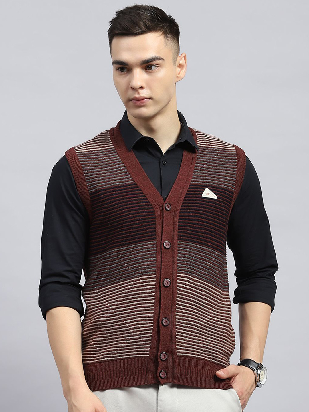 

Monte Carlo Men Striped Woollen Cardigan, Rust