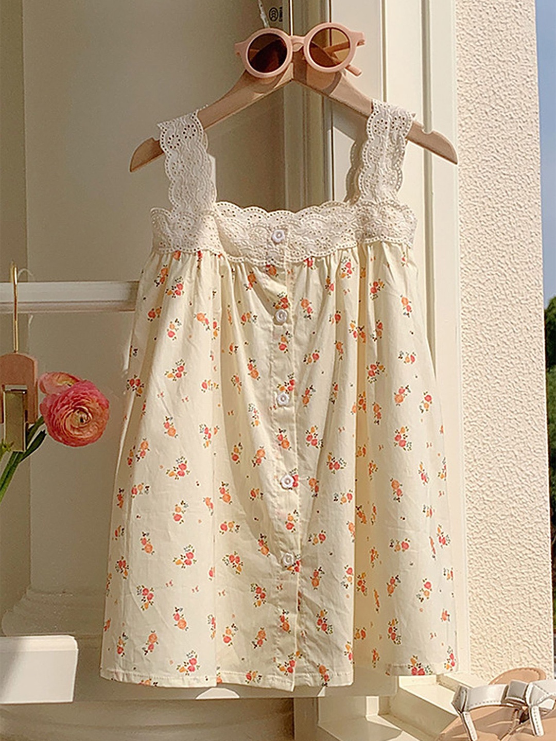 

LULU & SKY Kids-Girls Cotton Floral Print A-Line Lace Applique Sleeveless Dress, Cream