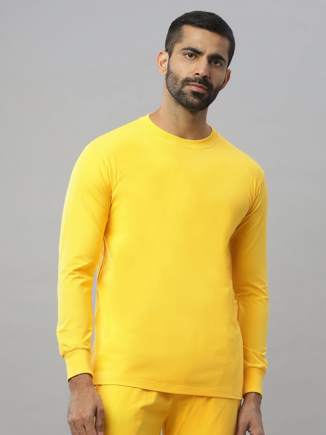 

N AND J Men Solid Round Neck Cotton T-shirt, Yellow