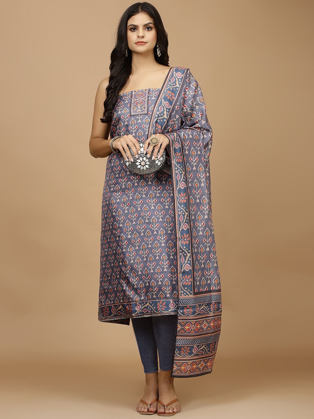 

Meena Bazaar Geometric Printed Unstitched Dress Material, Grey