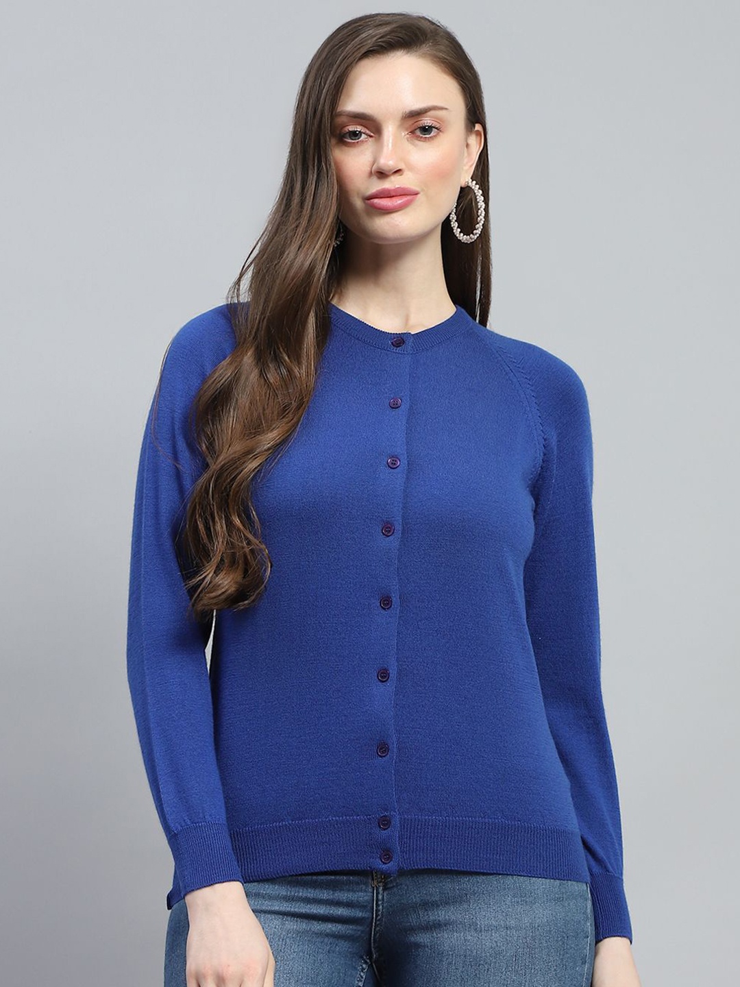 

Monte Carlo Women Woollen Long Sleeves Cardigan Sweaters, Blue