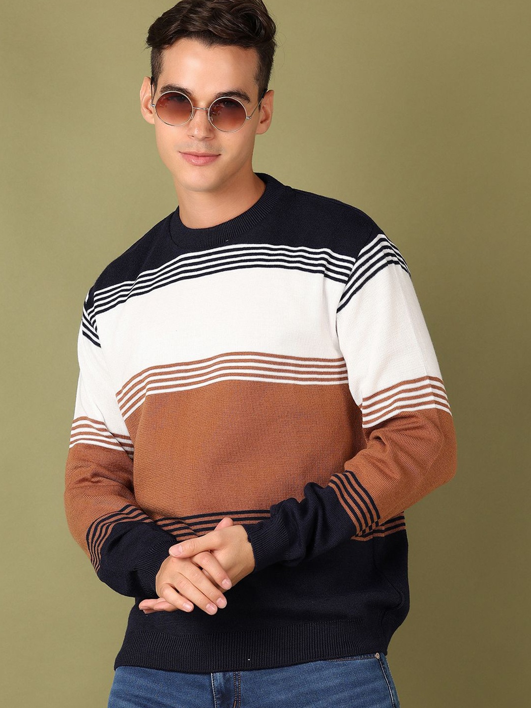 

V-Mart Men Long Sleeves Colourblocked Striped Pullover, Brown