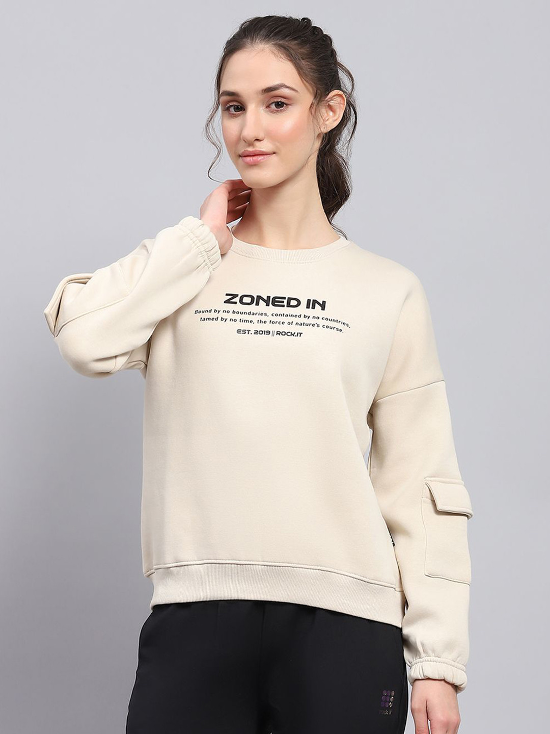 

rock.it Women Cotton Printed Round Neck Long Sleeves Sweatshirt, Beige