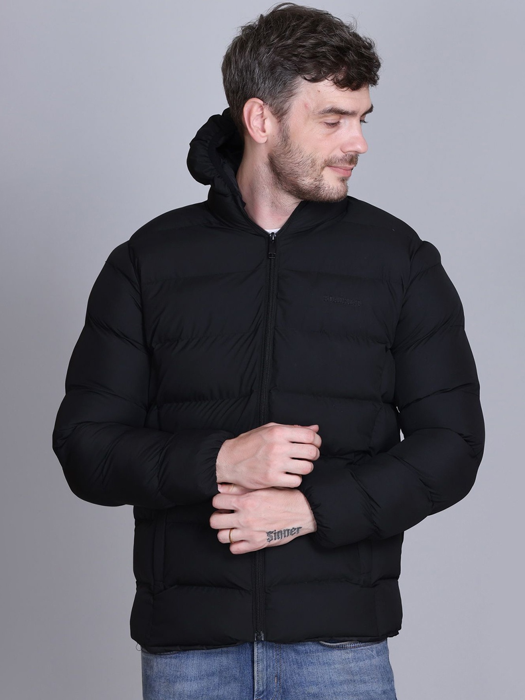 

Roadking Men Hooded Solid Casual Puffer Jacket, Black