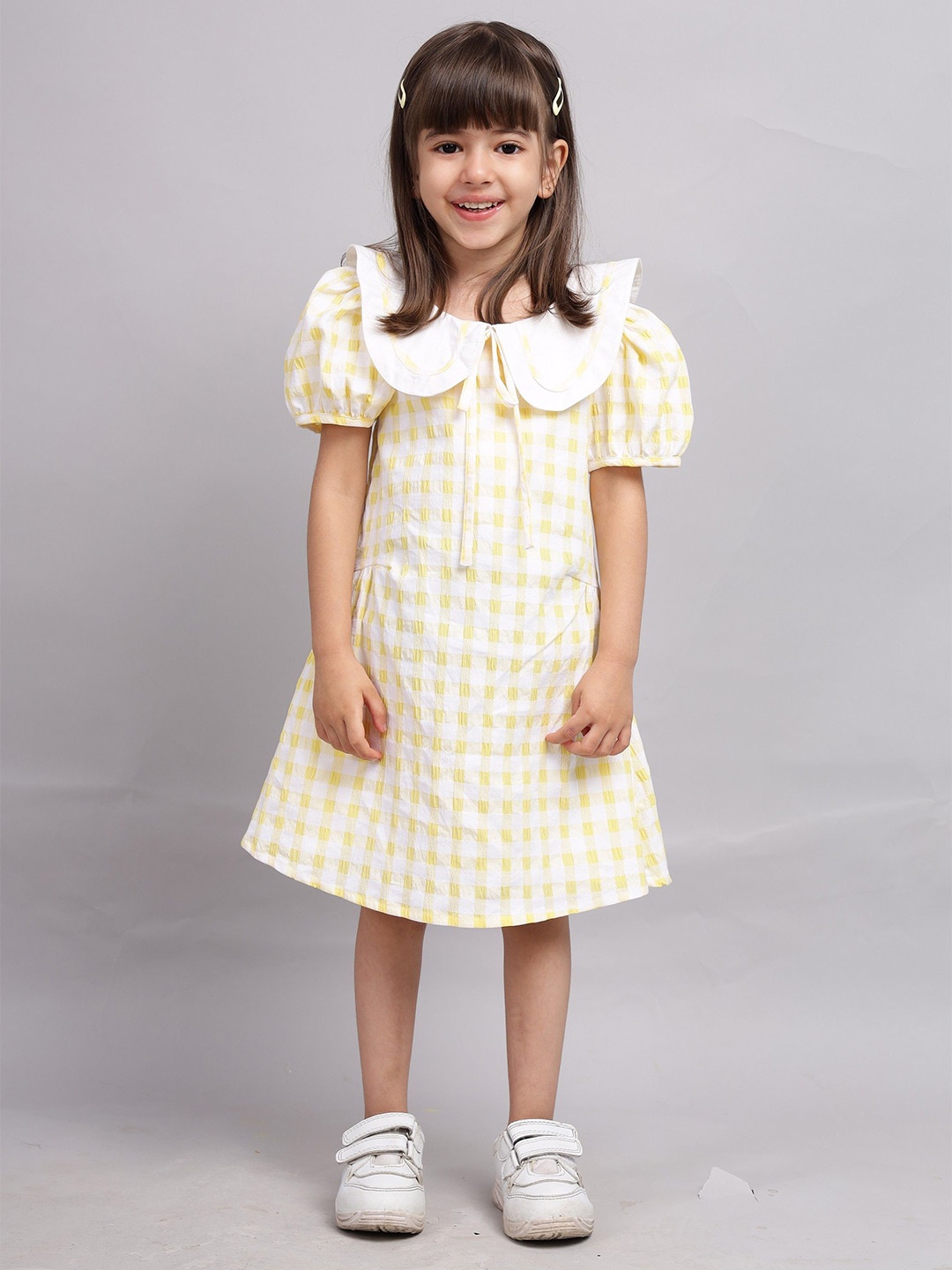 

Nature Nook Kids Girls Checked Cotton A-Line Knee Length Dress, Yellow