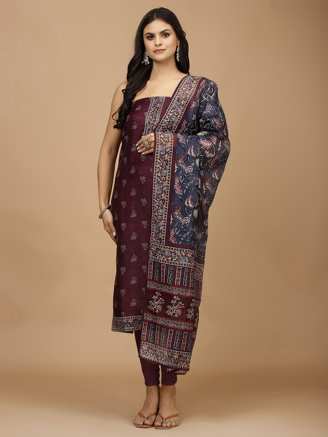 

Meena Bazaar Floral Printed Mirror Work Art Silk Unstitched Dress Material, Burgundy