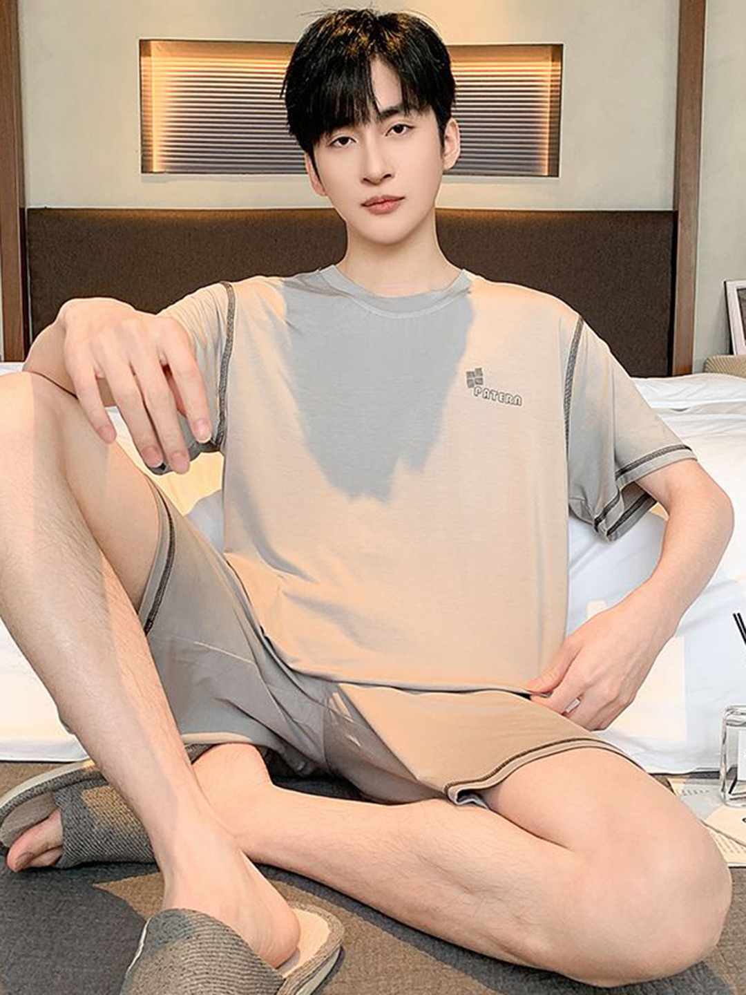 

StyleCast Men Round Neck T-Shirt With Shorts Night Suit, Brown