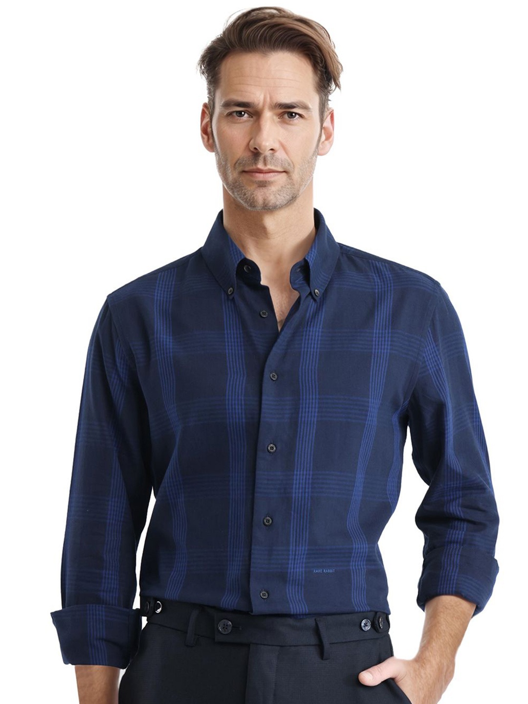 

RARE RABBIT Men Comfort Spread Collar Checked Cotton Casual Shirt, Navy blue