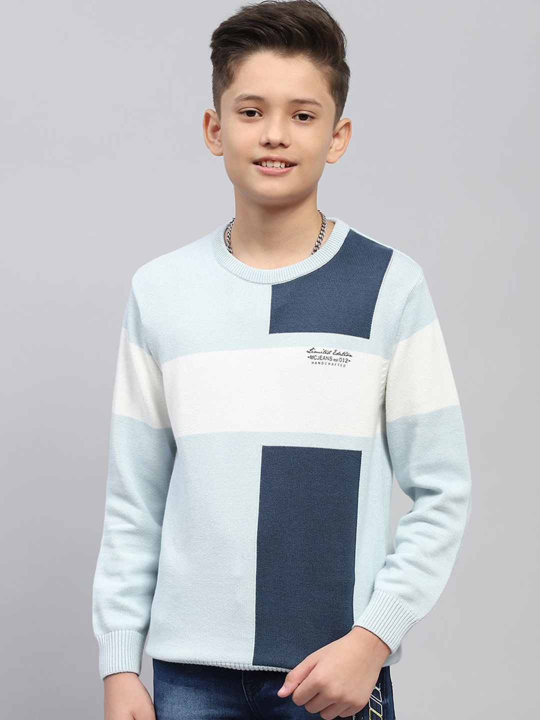 

Monte Carlo Boys Self Design Colourblocked Round Neck Pullover Sweater, Blue