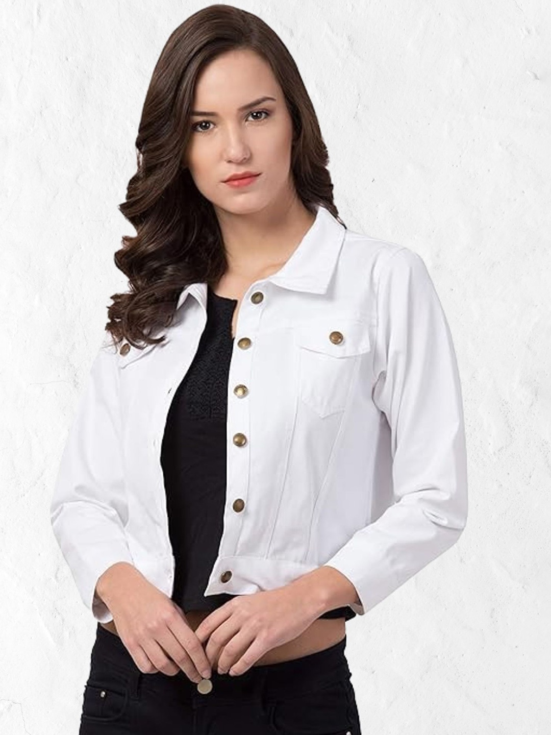 

Funday Fashion Women Spread Collar Solid Cotton Casual Denim Jacket, White