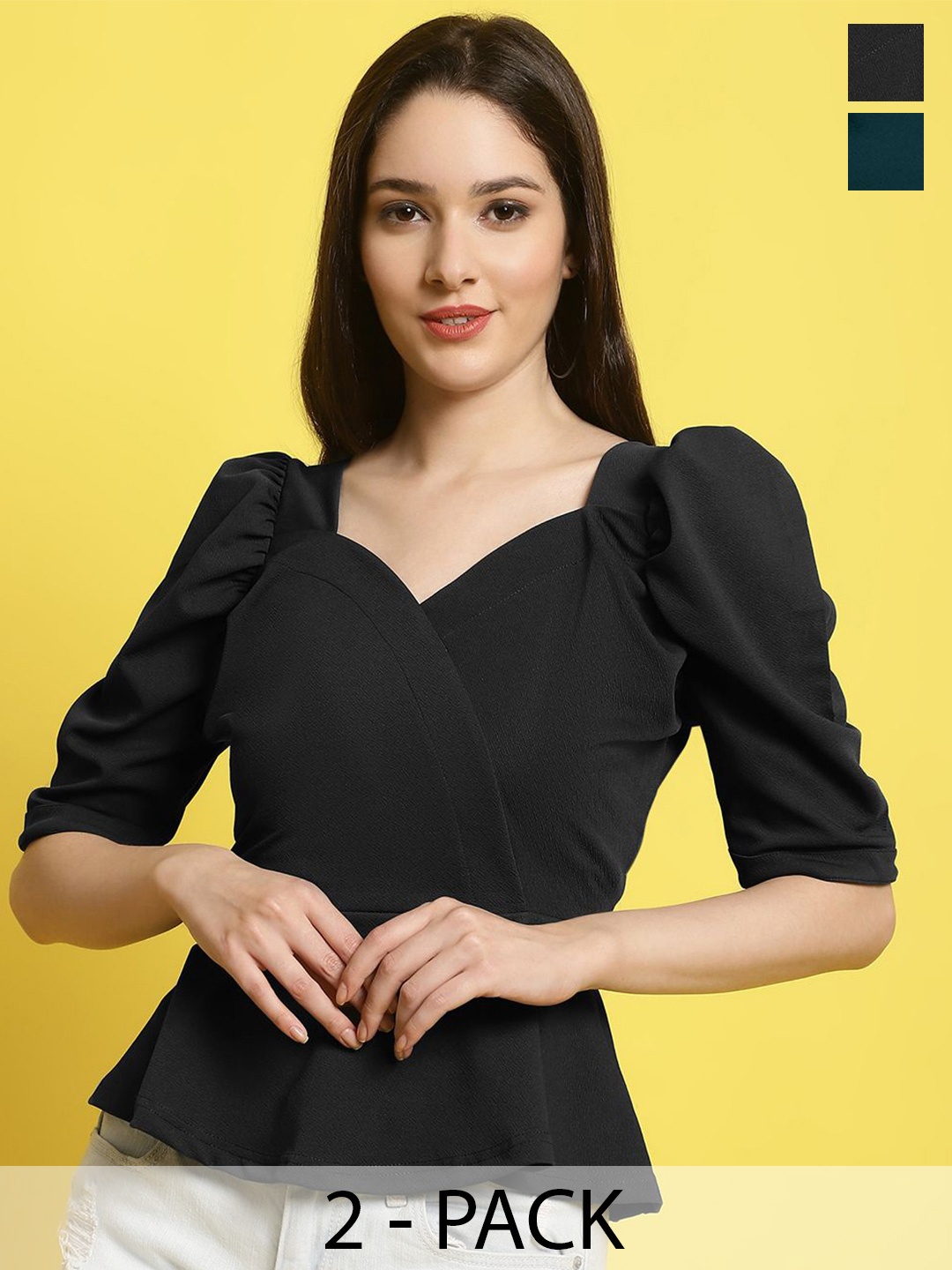 

Metronaut Women Pack Of 2 Sweetheart Neck Peplum Top, Black
