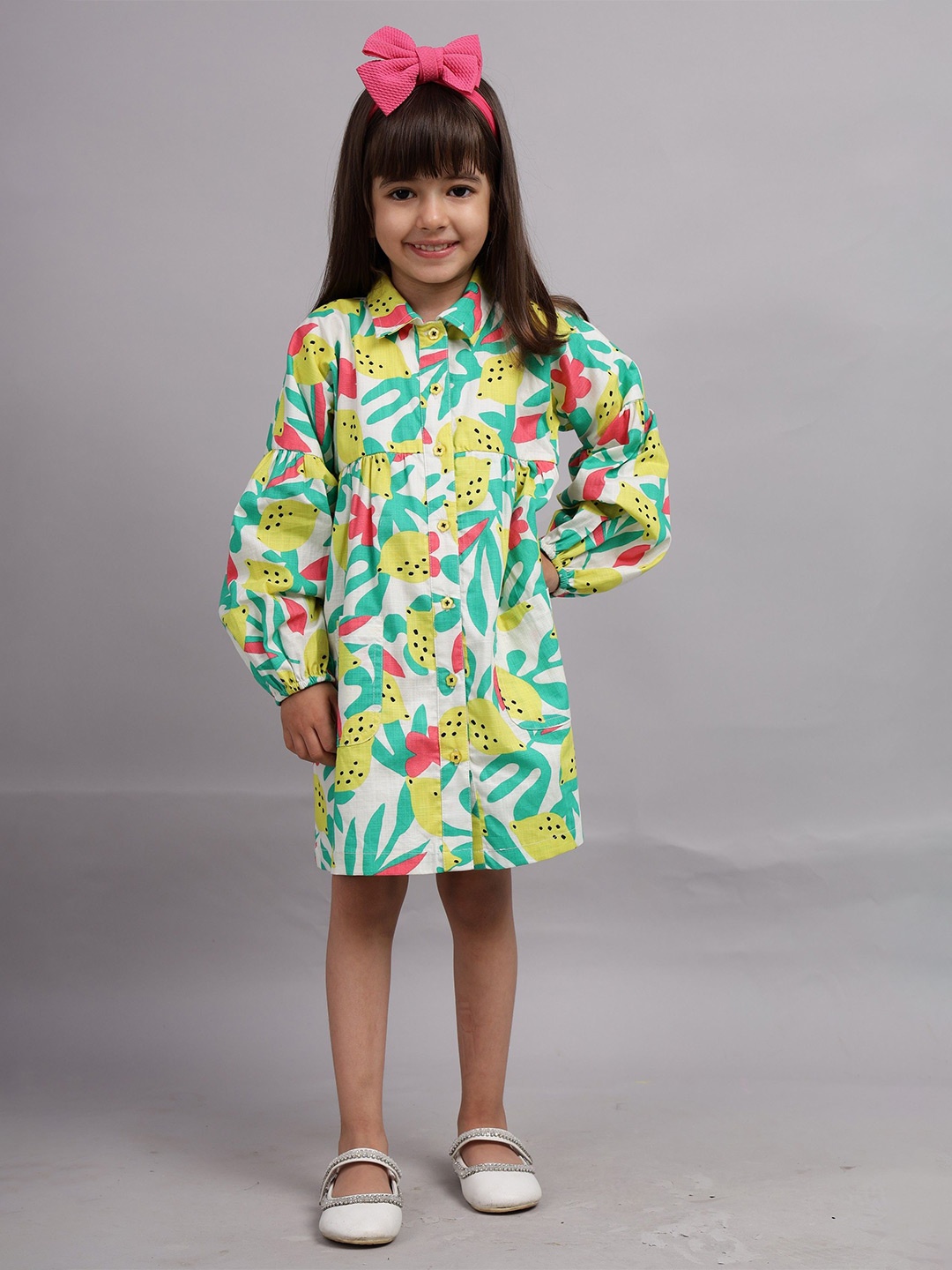 

Nature Nook Kids Girls Floral Printed Puff Sleeve Shirt Cotton Dress, Green