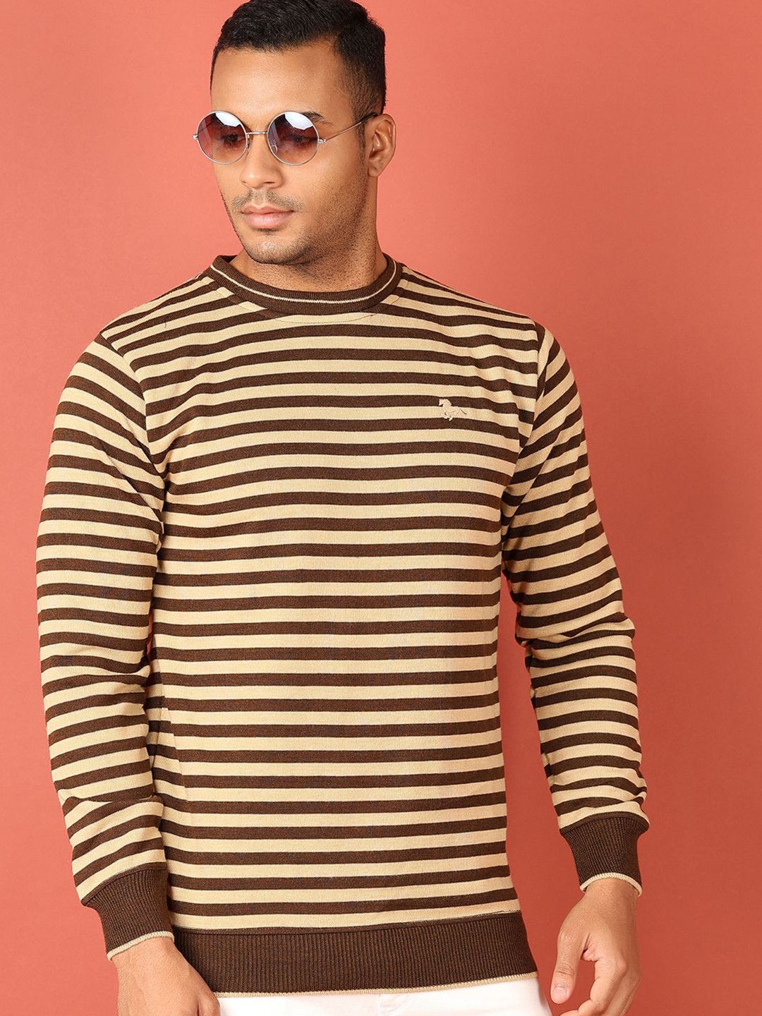 

V-Mart Men Striped Round Neck Pullover Sweaters, Brown