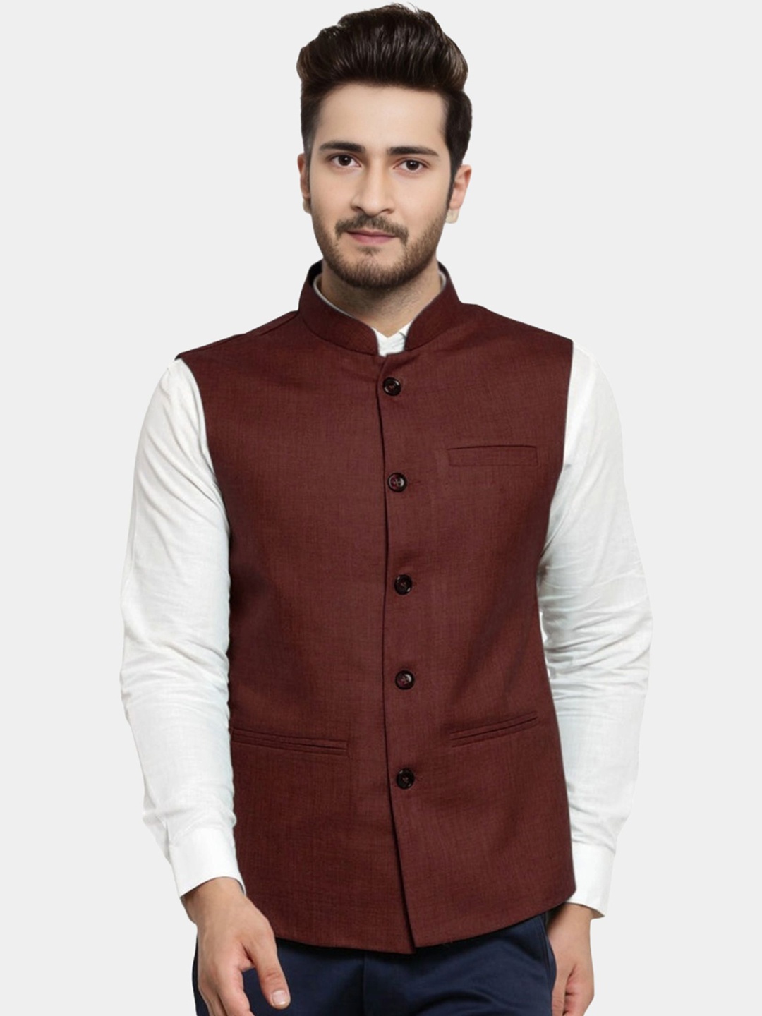 

BAESD Mandarin Collar Satin Nehru Jacket, Maroon