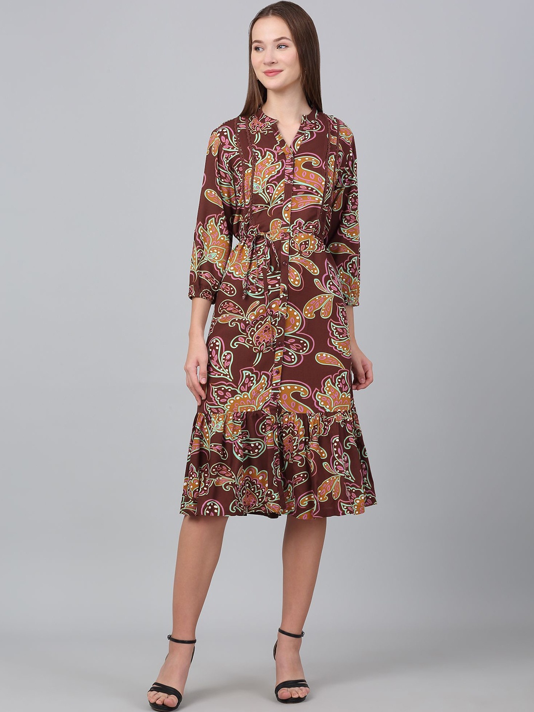 

Cantabil Women Ethnic Motifs Print Fit & Flare Dress, Brown