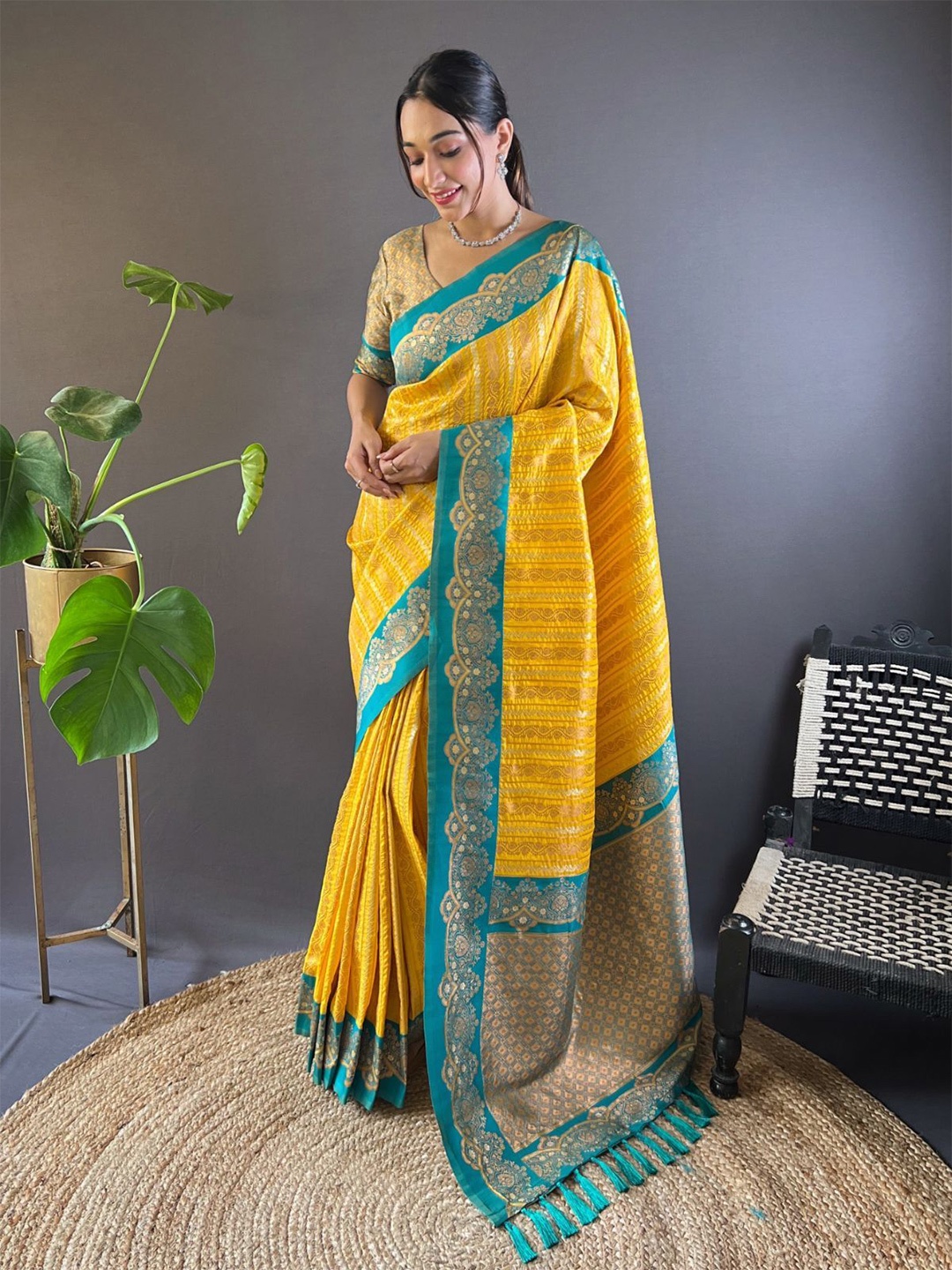 

ODETTE Striped Zari Saree, Yellow