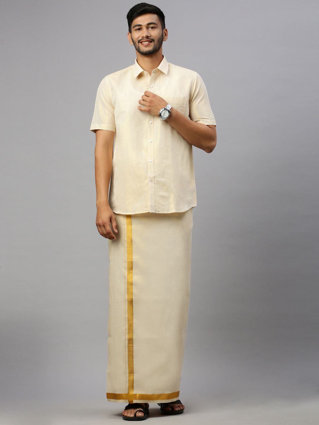 

RAMRAJ Men Cotton Blend Half Sleeve Shirt & Single Dhoti Combo, Gold