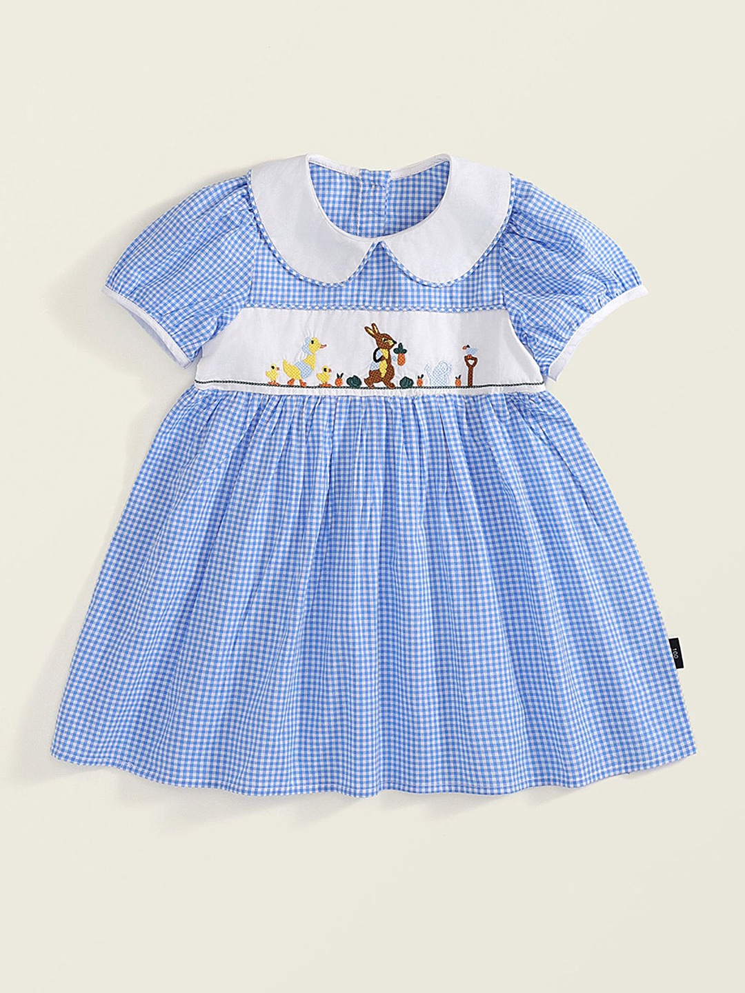 

LULU & SKY Girls Cotton Checked Peter Pan Collar Fit & Flare Casual Dress, Blue