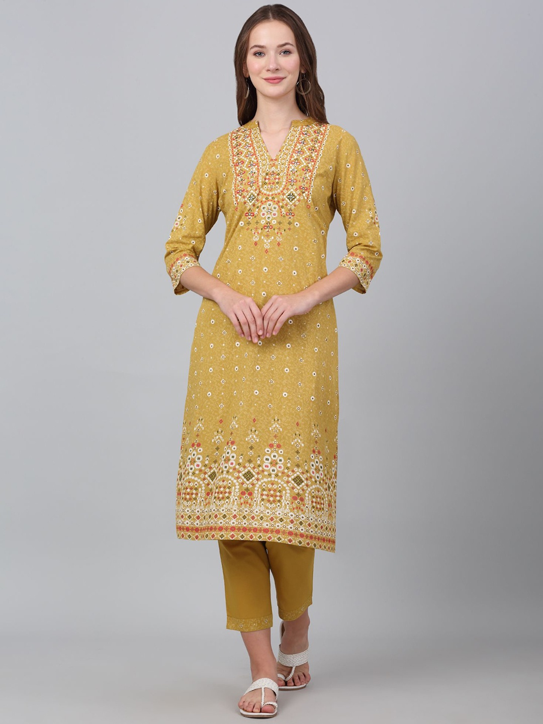 

Cantabil Floral Printed Regular Mirror Work Pure Cotton Straight Kurta with Trousers, Mustard