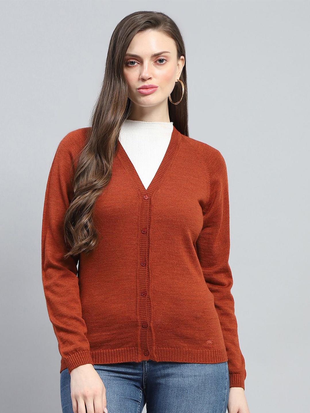 

Monte Carlo Women Woollen Cardigan V Neck Full Sleeve Casual Cardigan Sweaters, Rust