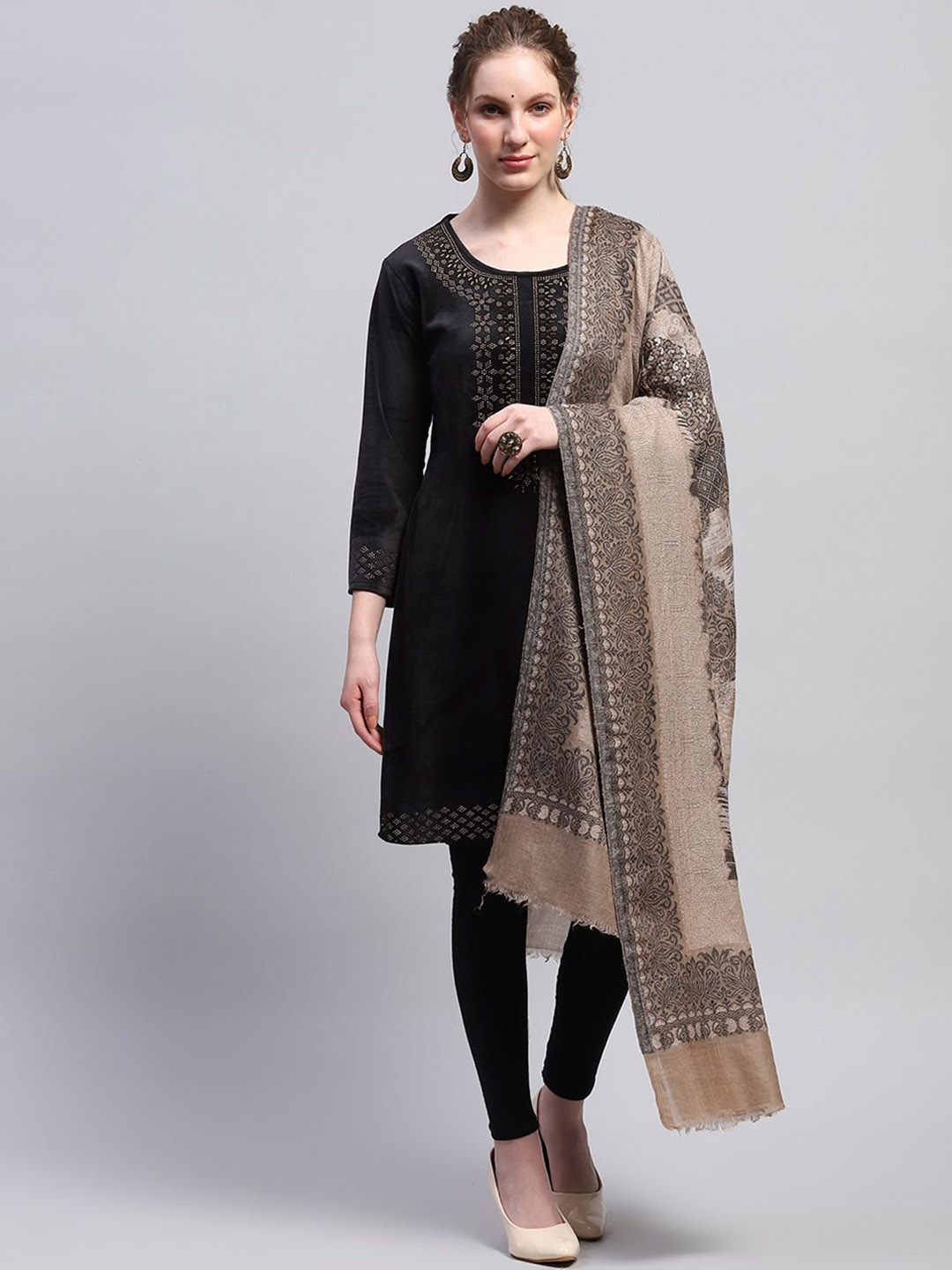 

Monte Carlo Ethnic Motifs Woven Design Shawl, Beige