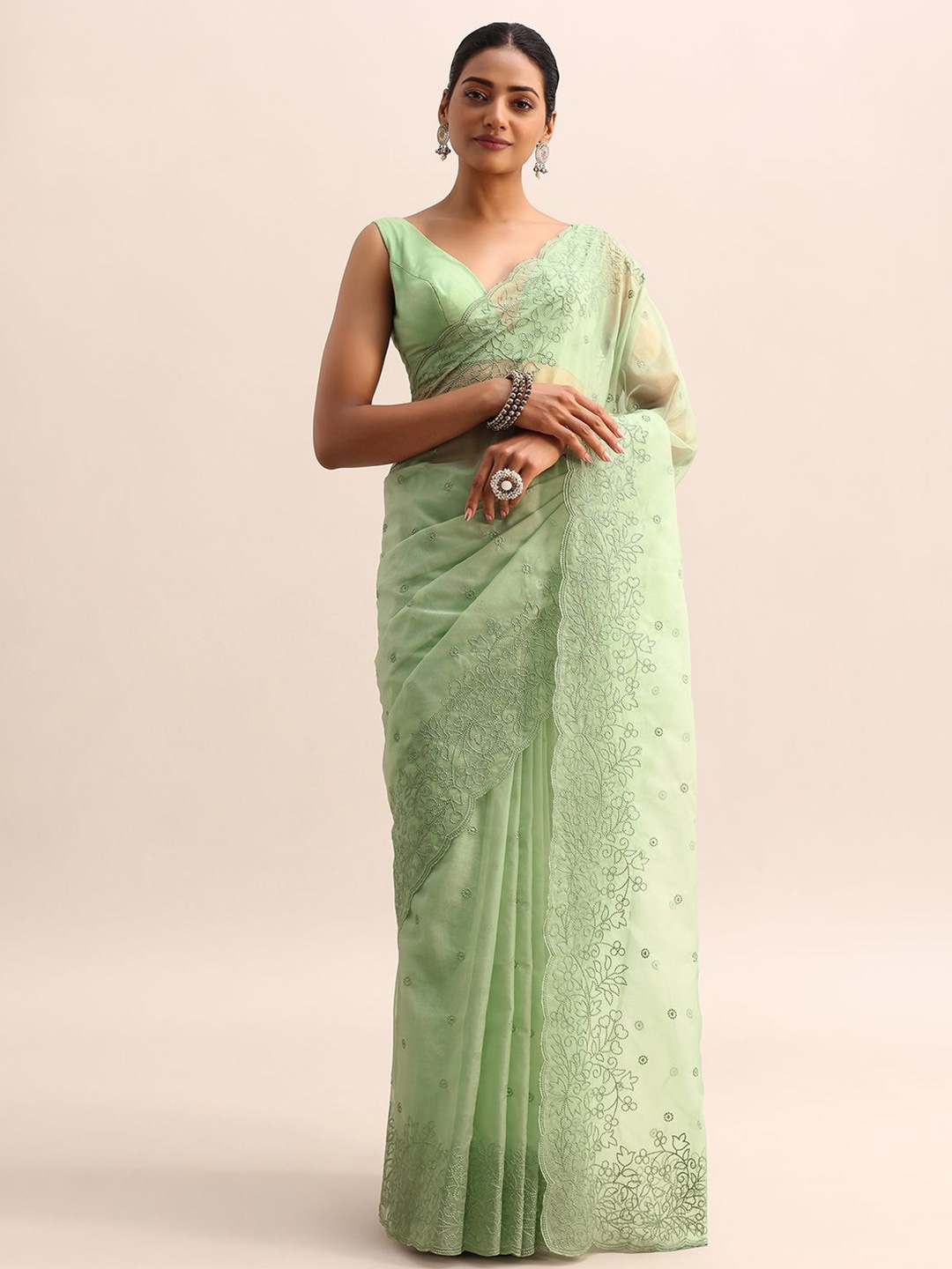 

KALKI Fashion Embroidered Organza Saree, Green