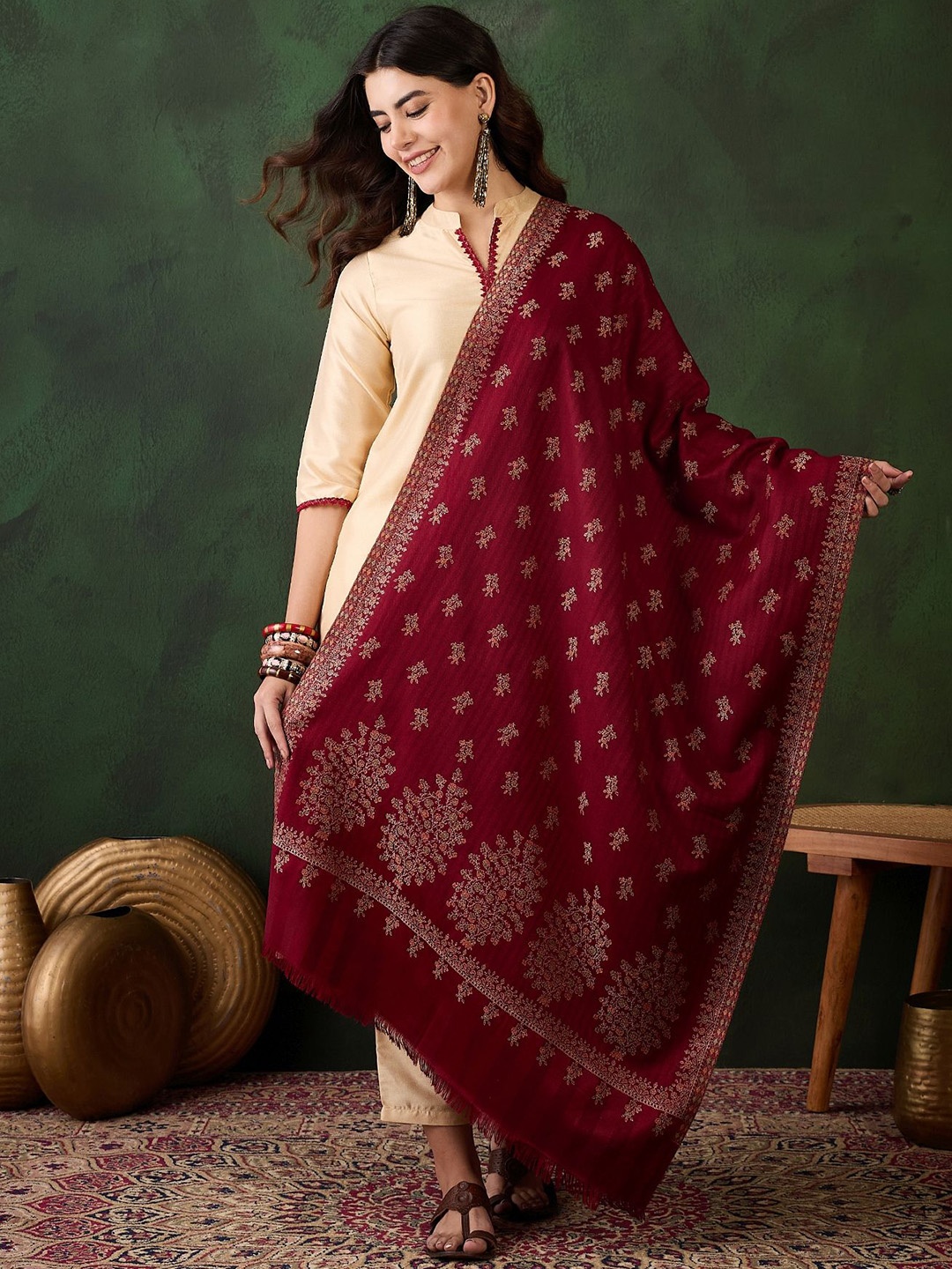 

Sangria Floral Woven Design Winter Pashmina Shawl, Red