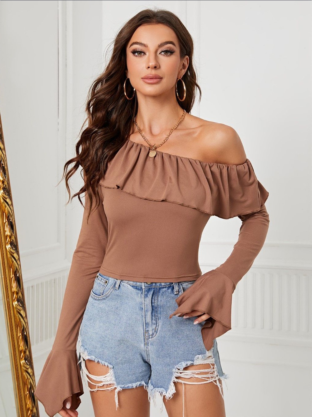 

StyleCast One Shoulder Bardot Top, Brown