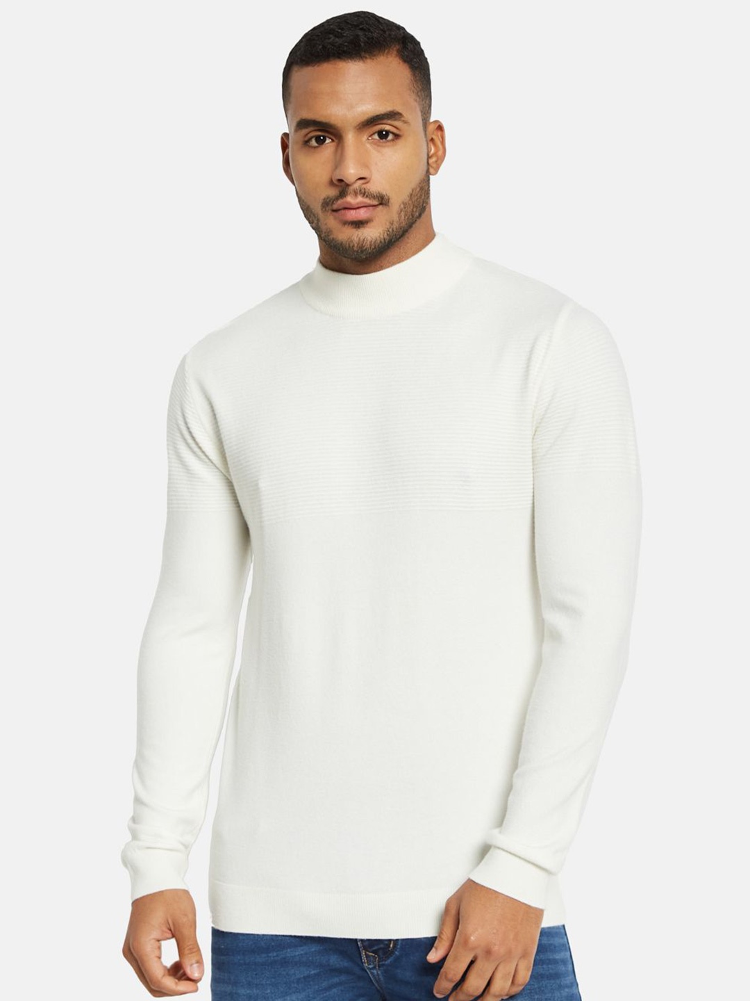 

METTLE Men Mock Collar Pullover Sweaters, White