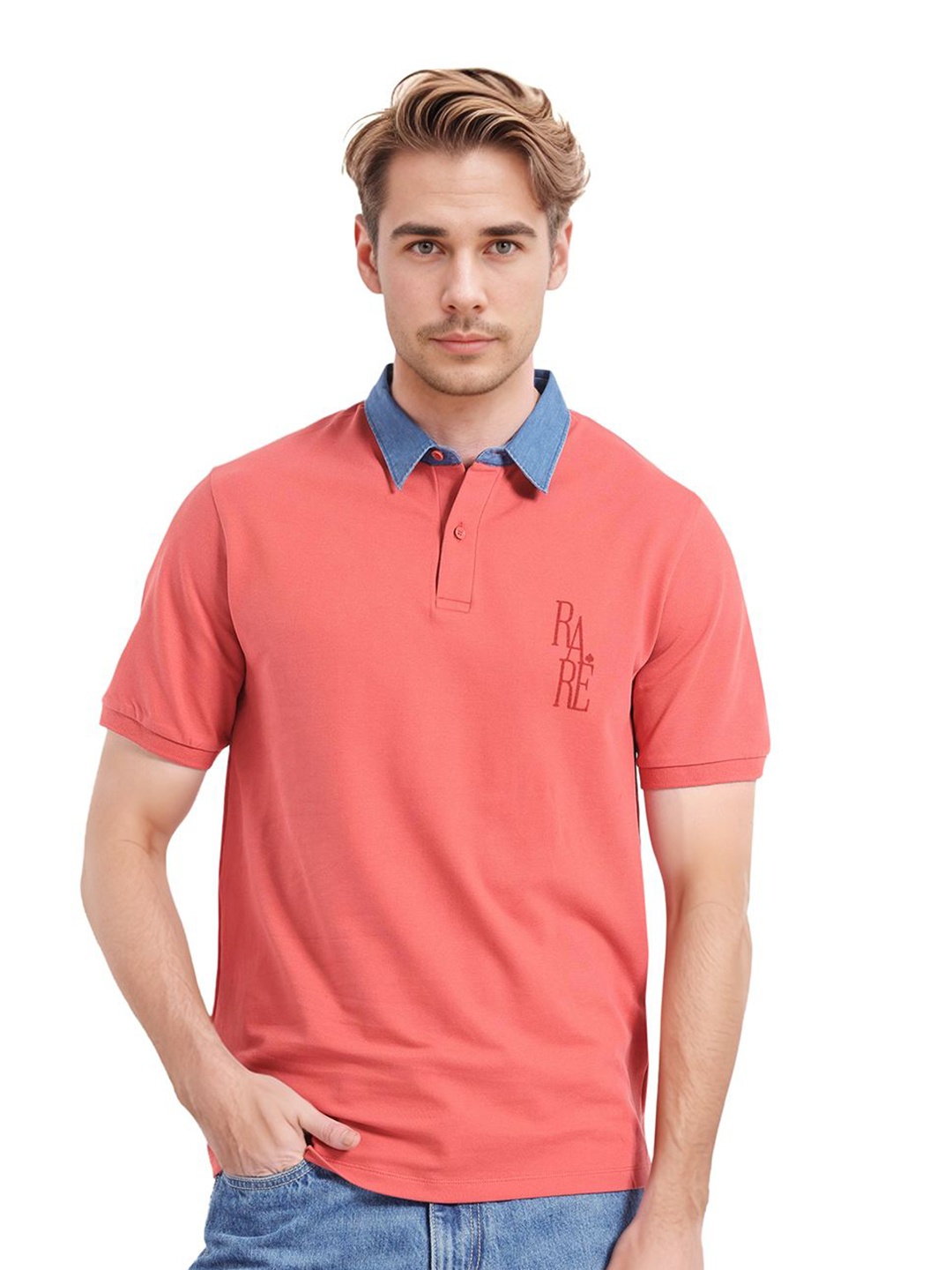 

RARE RABBIT Men Typography Printed Polo Collar Cotton T-shirt, Peach