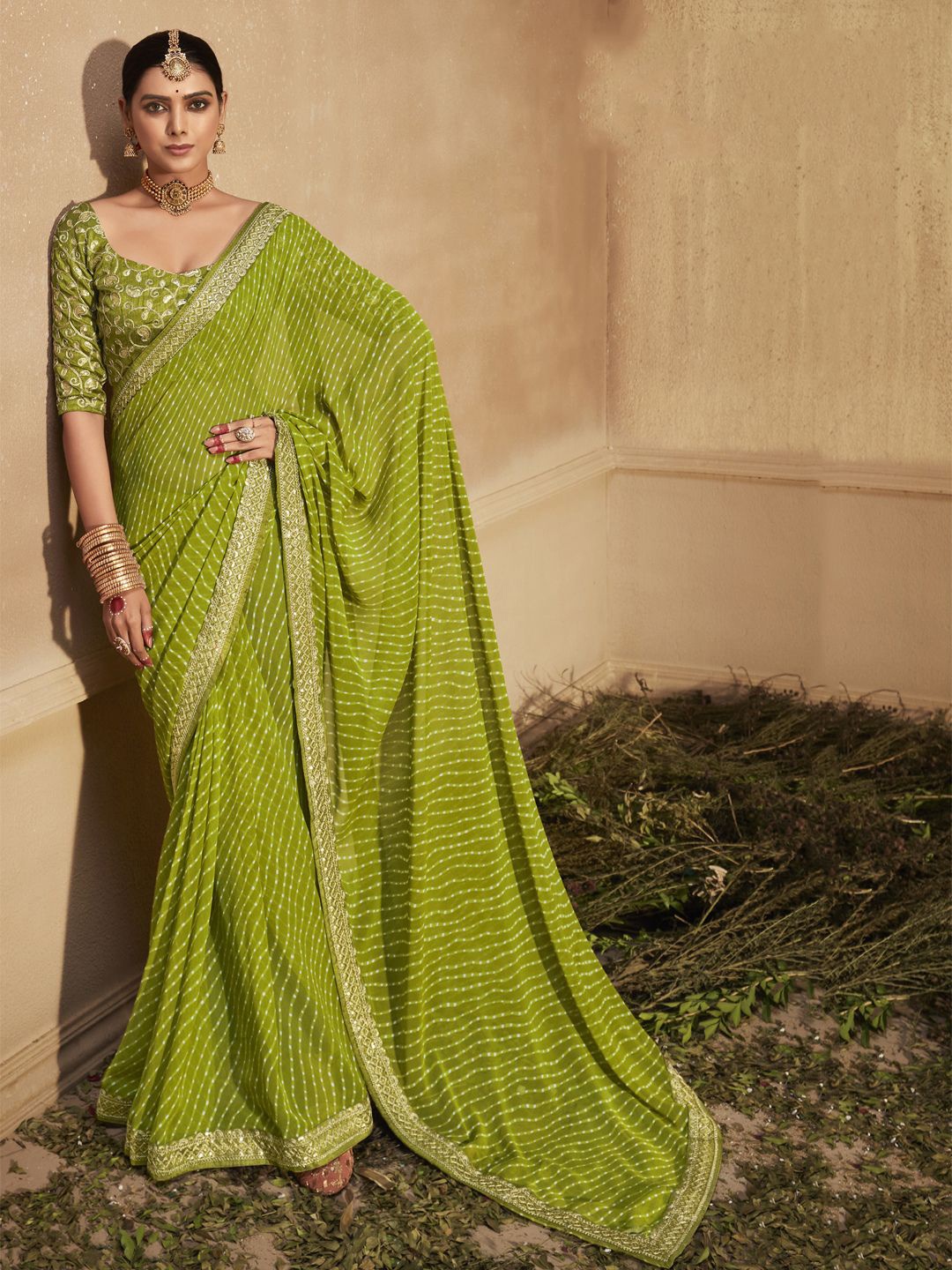

CHUDIYA Leheriya Printed Embroidered Pure Georgette Leheriya Saree, Lime green