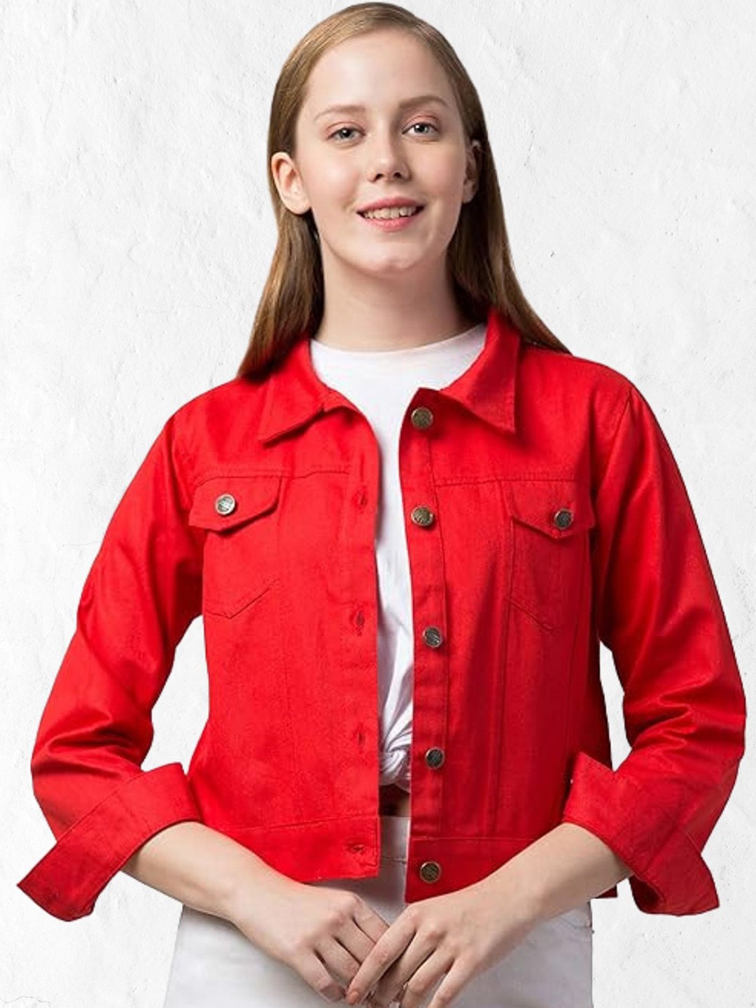 

Funday Fashion Women Spread Collar Solid Cotton Casual Denim Jacket, Red