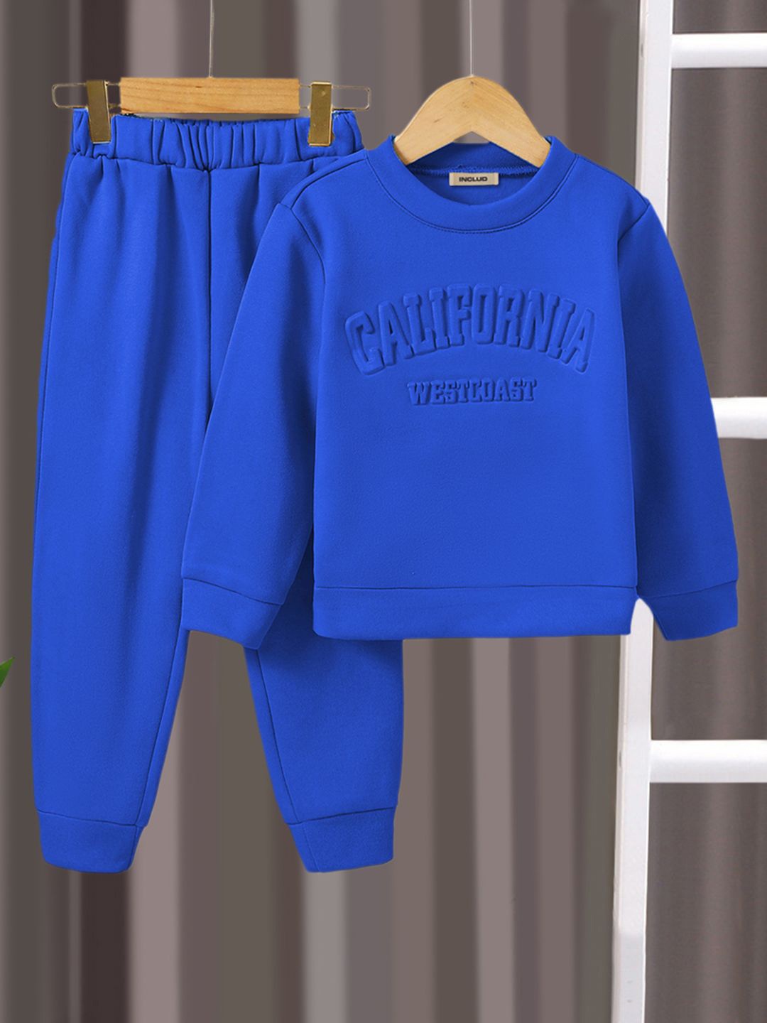 

INCLUD Girls Typography Printed Round Neck Sweatshirt with Joggers Clothing Set, Blue