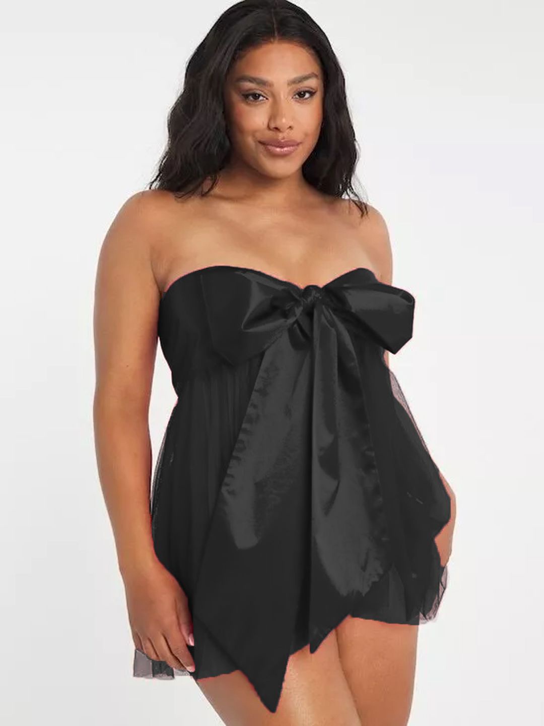 

KRENOZ Strapless Bow Detailed Net Baby Doll, Black