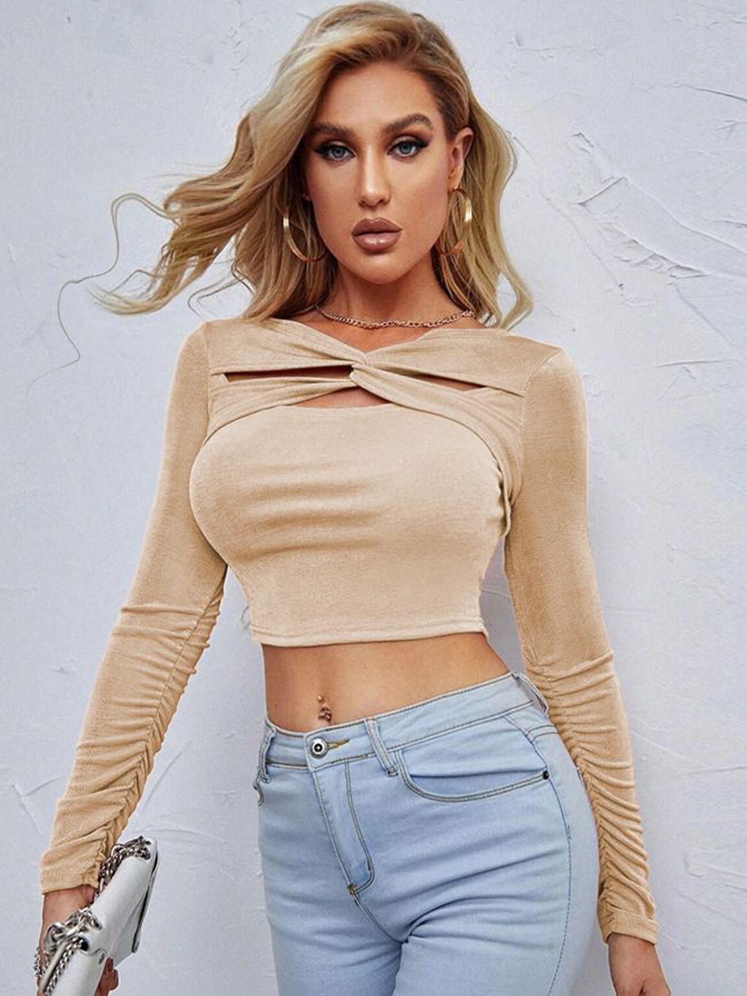 

StyleCast Women Self Design V-neck Full Sleeves Crop Top, Cream