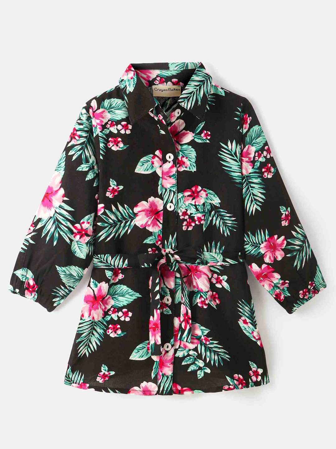

CrayonFlakes Girls Floral Printed Full Sleeves Shirt Dress, Black