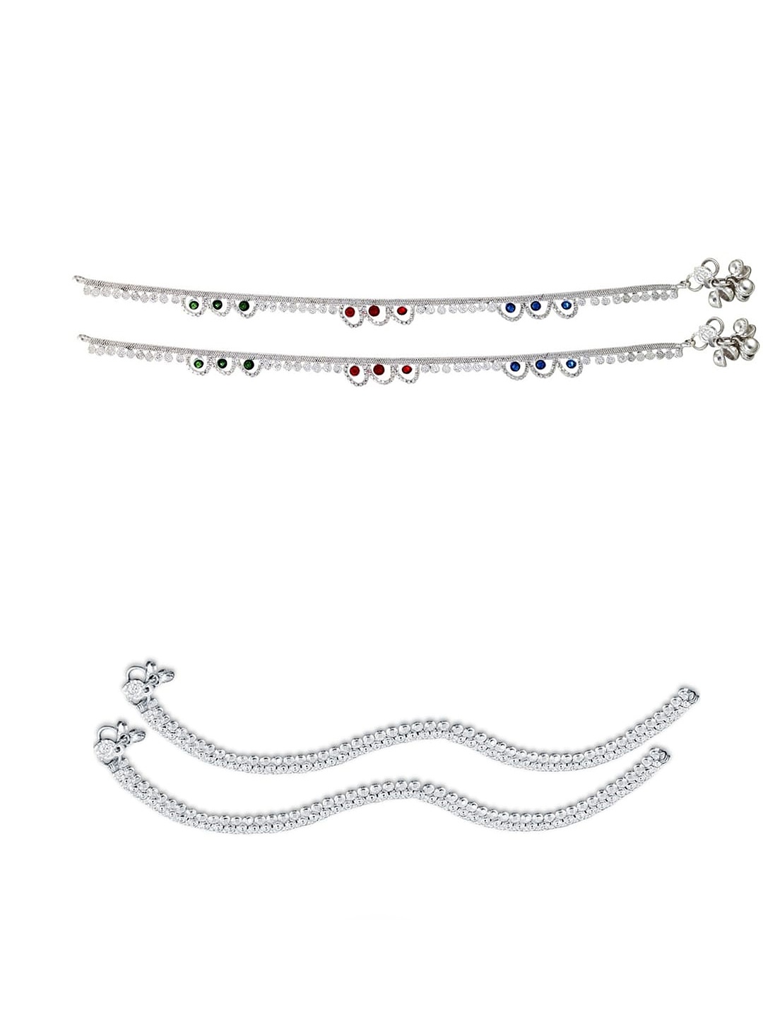

Heer Collection Set Of 2 Silver-Plated Stone Studded Anklets