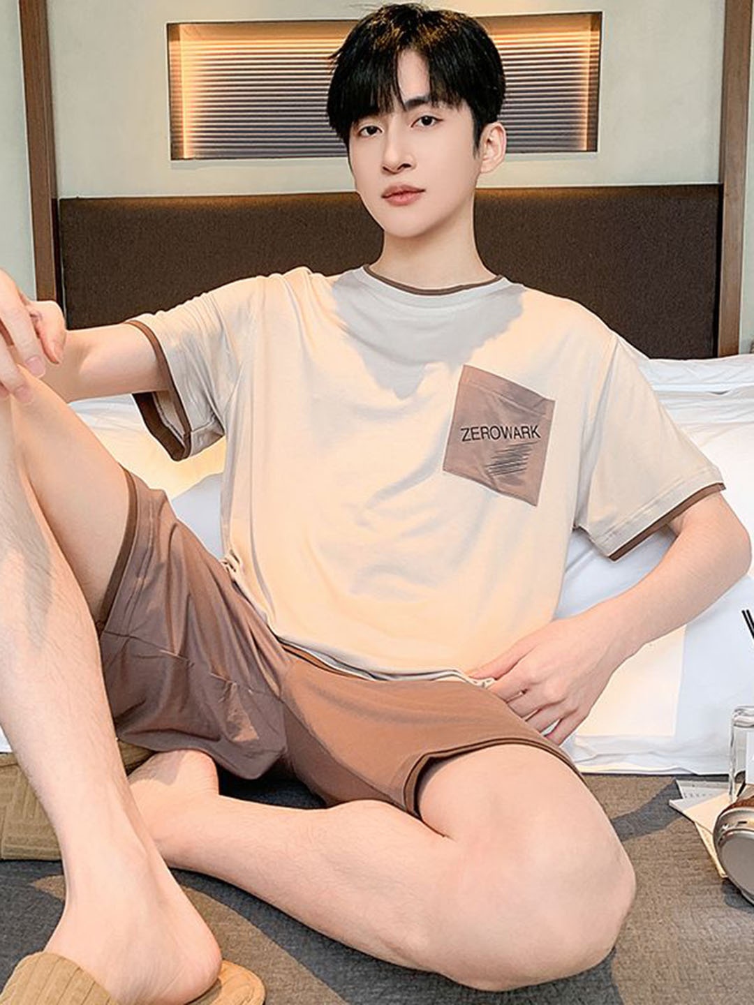 

StyleCast Men Printed T-Shirt With Slip-On Shorts Night Suit, Beige