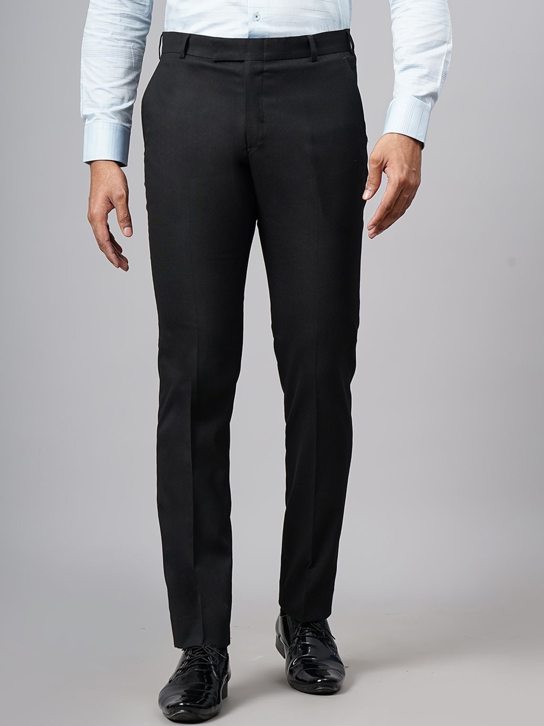 

JADE BLUE Men Black Cotton Slim Fit Mid-Rise Formal Trousers
