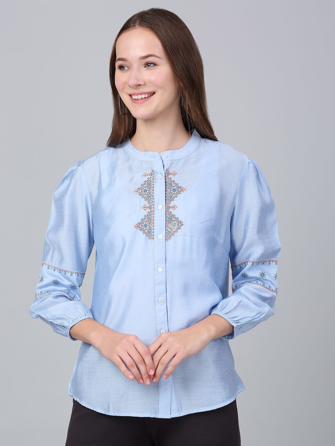 

Cantabil Women's Mandarin Collar Embroidered Tunic, Blue